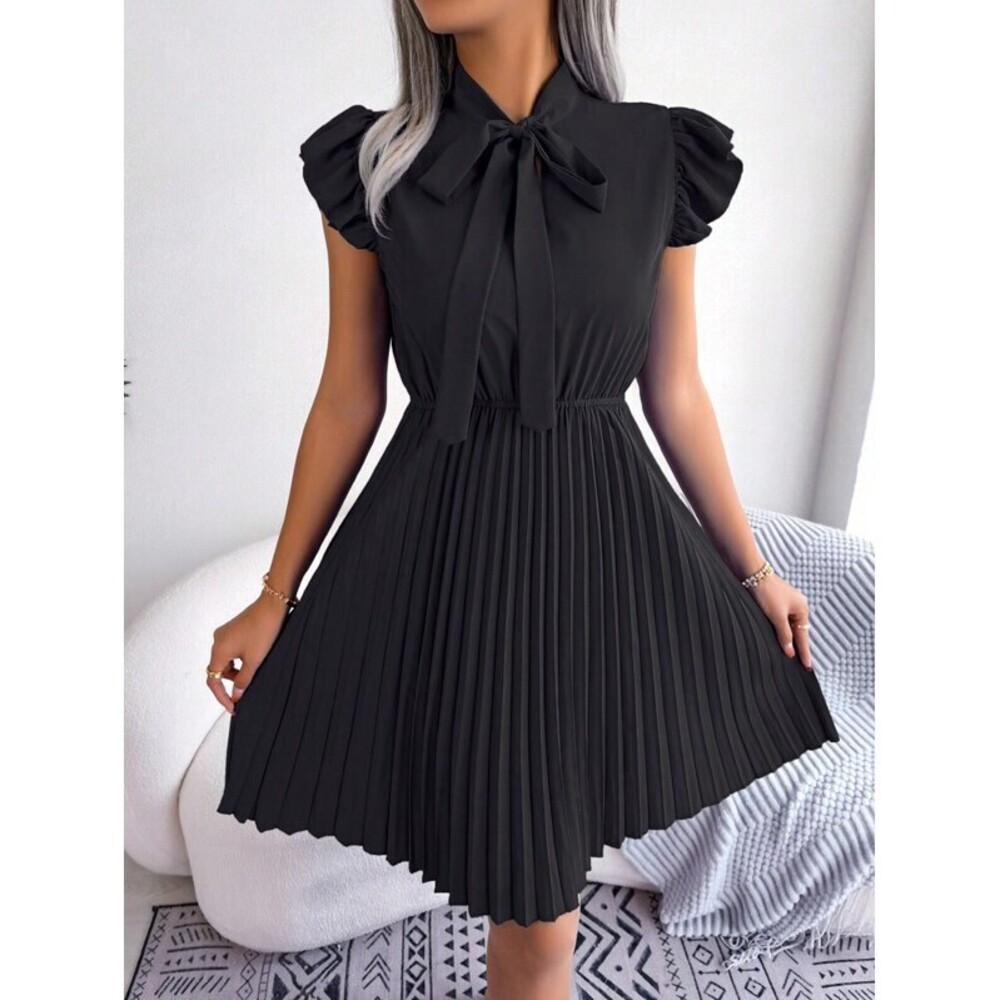 Tie Neck Ruffle Trim Pleated Hem Dress